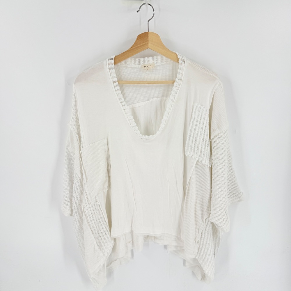 POL Mixed Media Patchwork Top White Large Boxy Boho Crochet Lace Boutique
